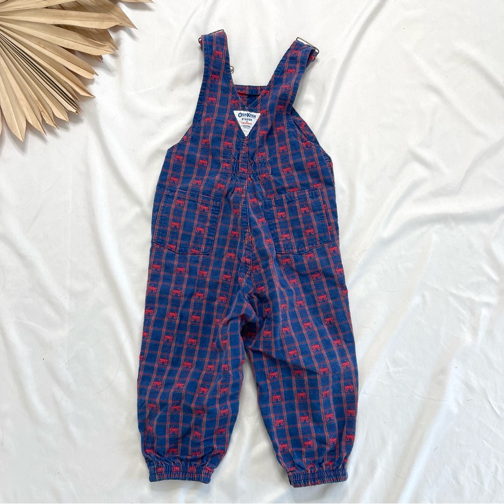 Vintage OshKosh B’Gosh Blue and Red Plaid Little Red Wagon Overalls Jumpsuit 2T - Picture 6 of 7